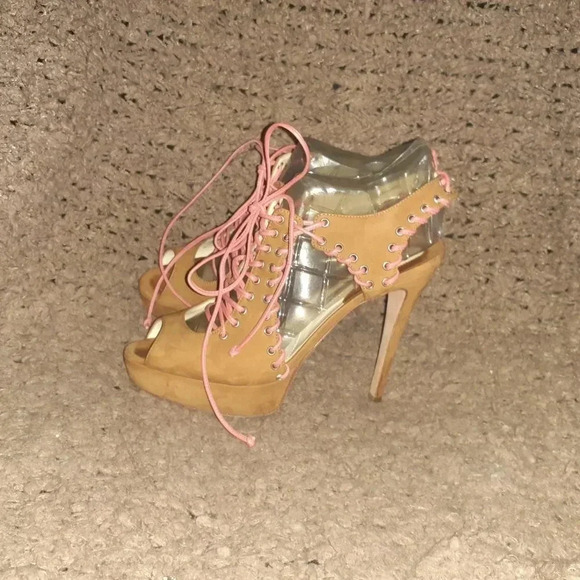 Vintage BRIAN ATWOOD-BITCHIN-Tan Nubuck/Pink Laces-Corset Style-Stilettos-Sz 37 - Picture 2 of 8